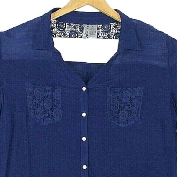 NWT New Directions Womens L Blue Button Up Blouse Lace Back Boho Coastal - Picture 6 of 10
